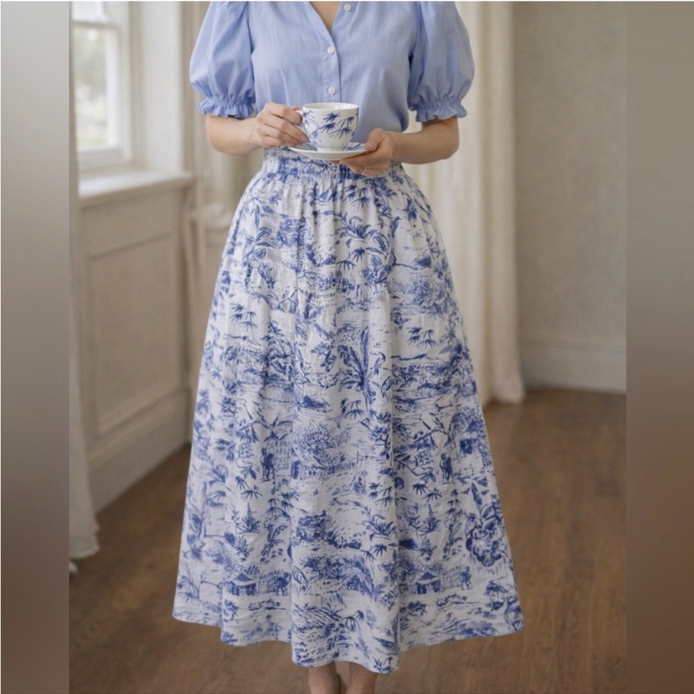 Joie 100% Linen Tropical Toile Midi Skirt Size XL Pockets Blue White Beach